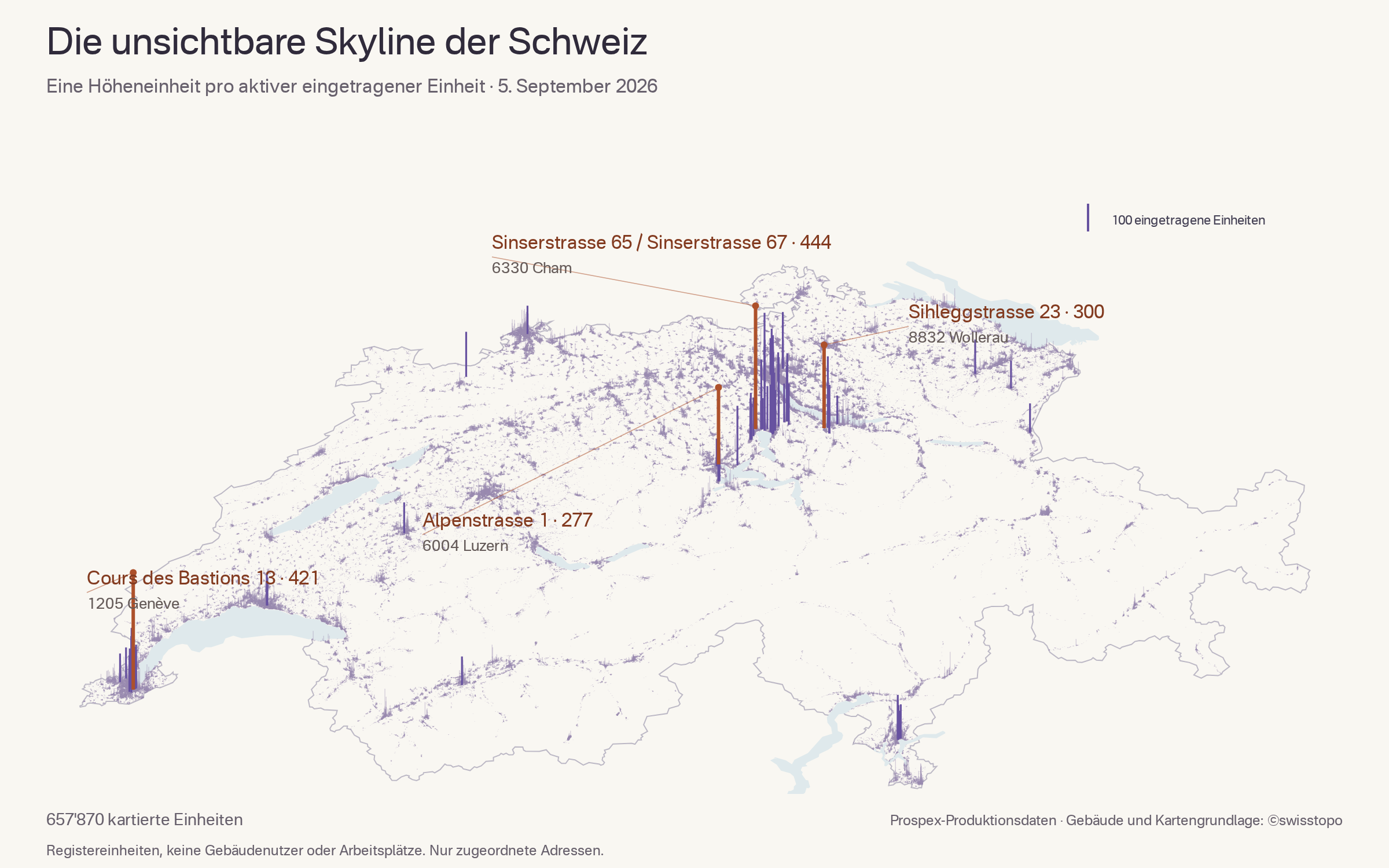 Karte der eingetragenen Einheiten in der Schweiz mit hervorgehobenen Gebäuden in Cham, Genf, Luzern und Wollerau.