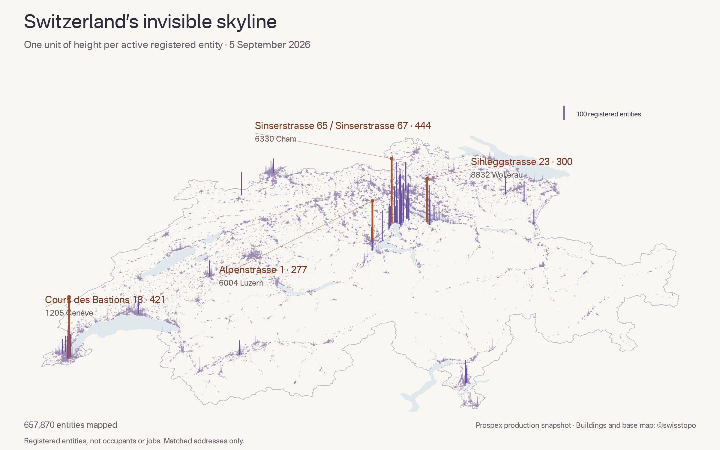 Map of Switzerland’s registered-entity concentrations, highlighting buildings in Cham, Geneva, Lucerne and Wollerau.