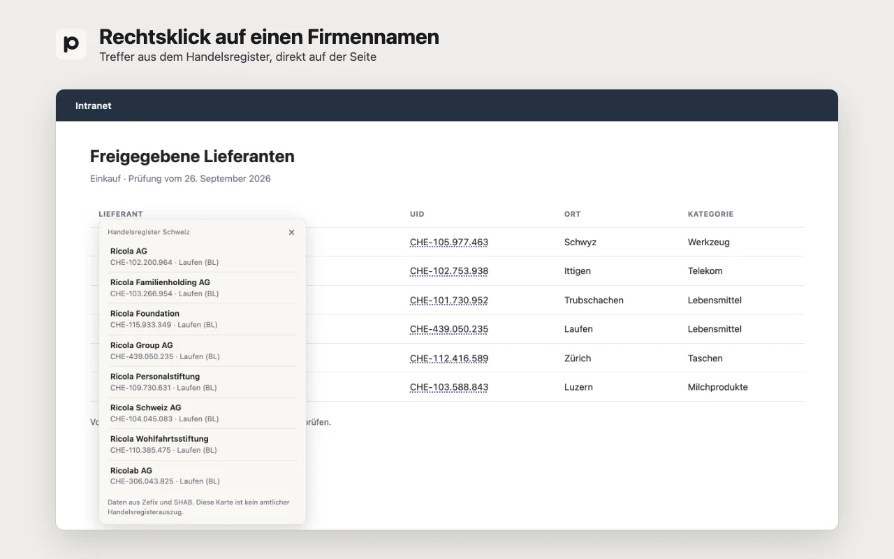 Passende Firmen nach einem Rechtsklick auf einen markierten Firmennamen