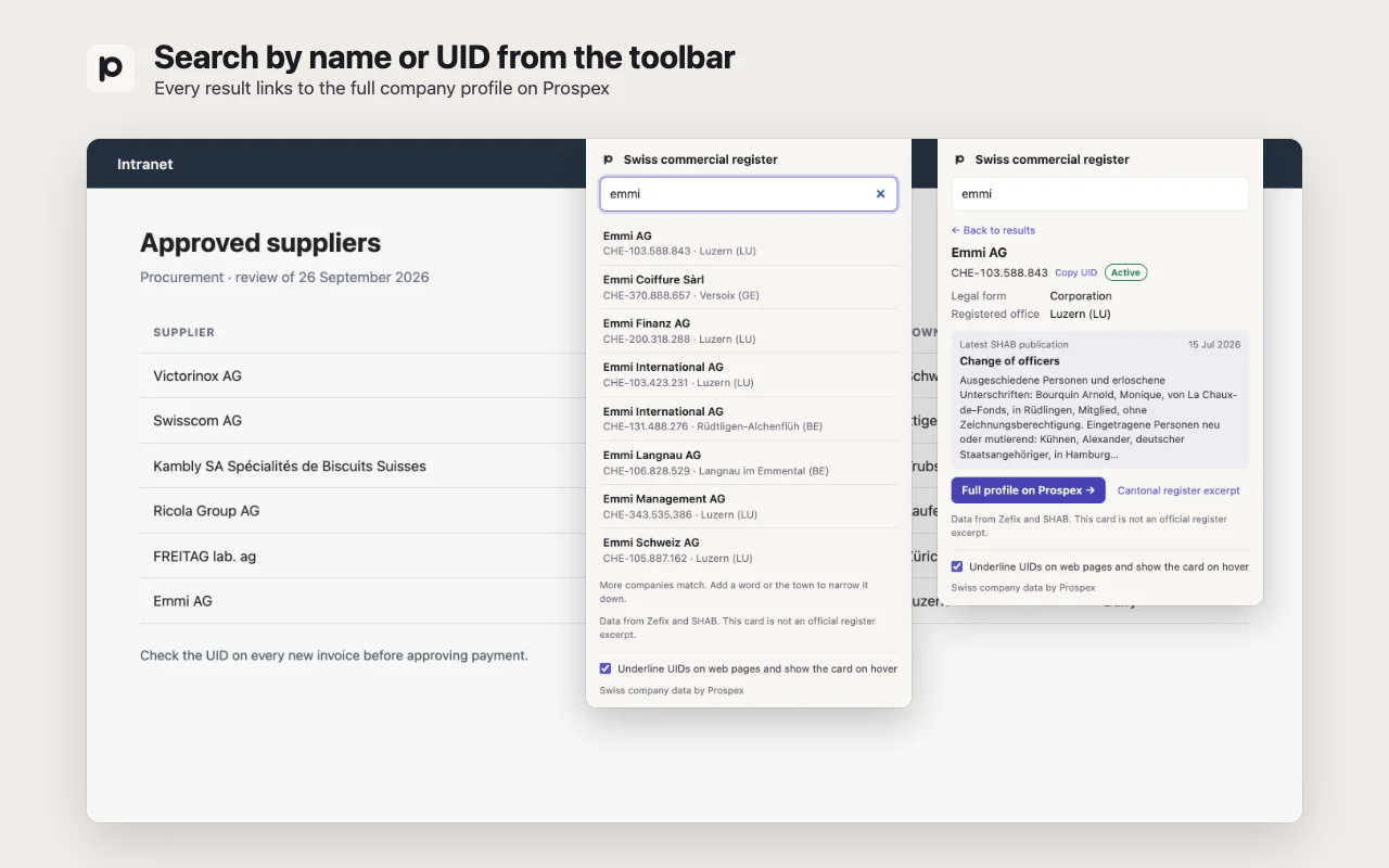 The toolbar popup with search results for a company name