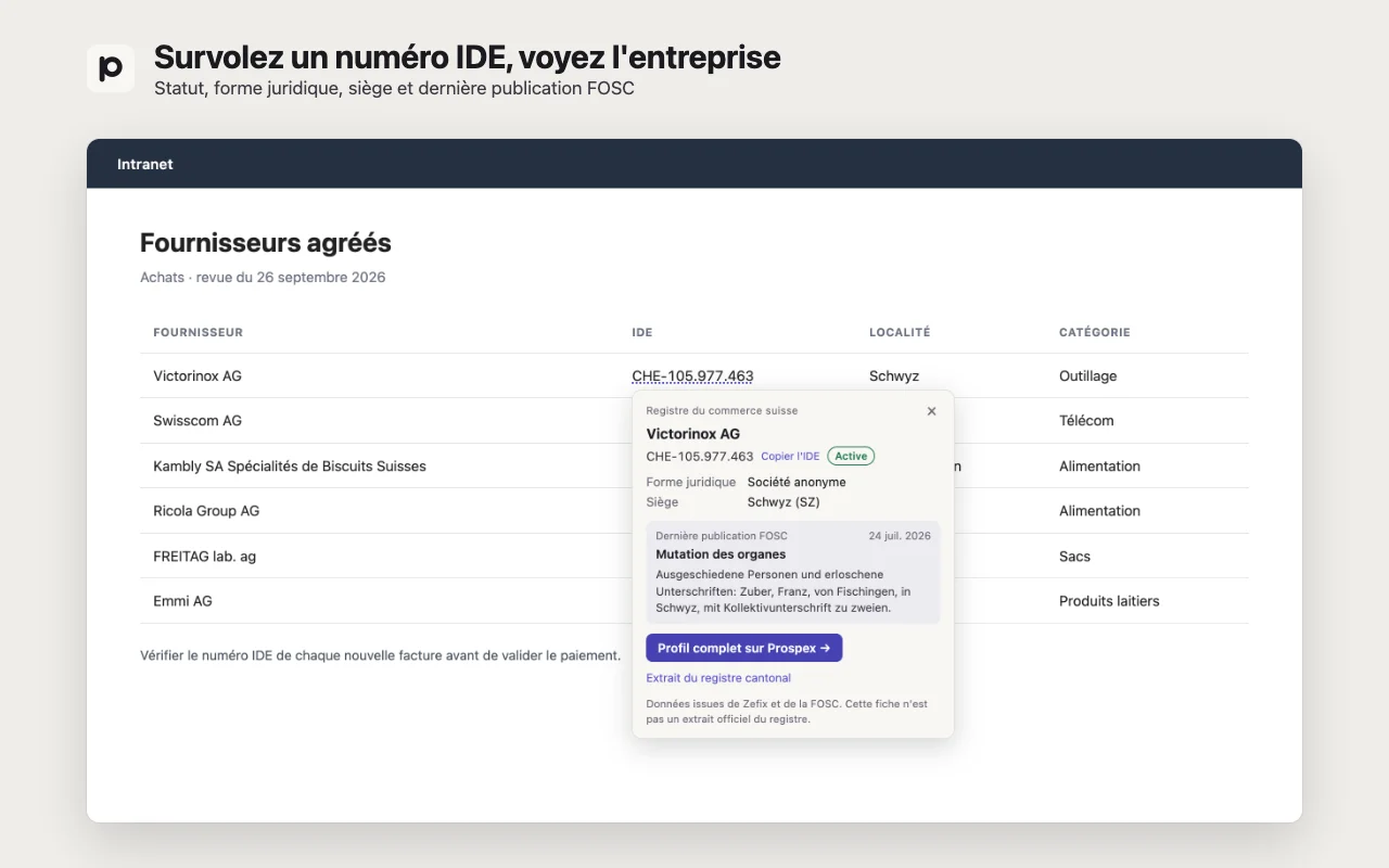 Une liste de fournisseurs dans le navigateur, avec la fiche de Victorinox AG ouverte sur son numéro IDE
