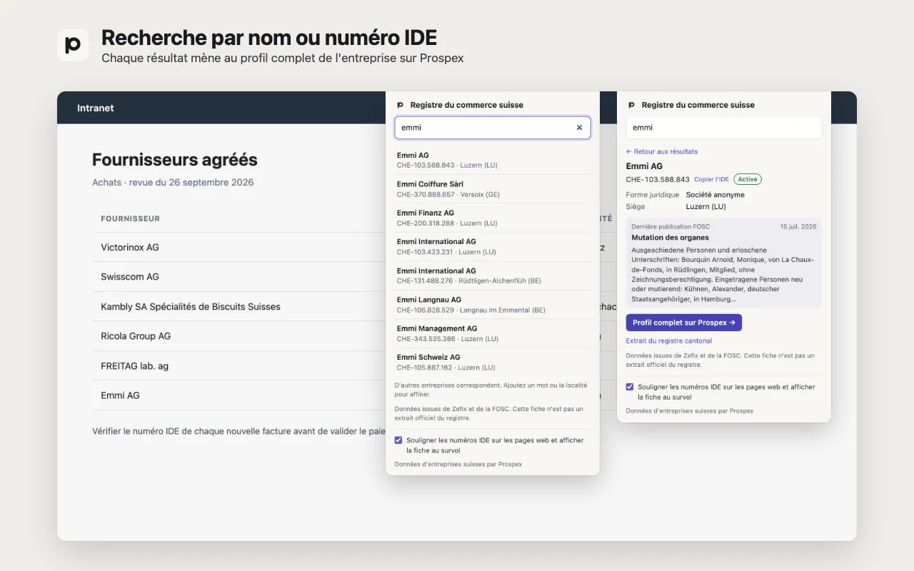 La fenêtre de l'extension avec les résultats d'une recherche par nom